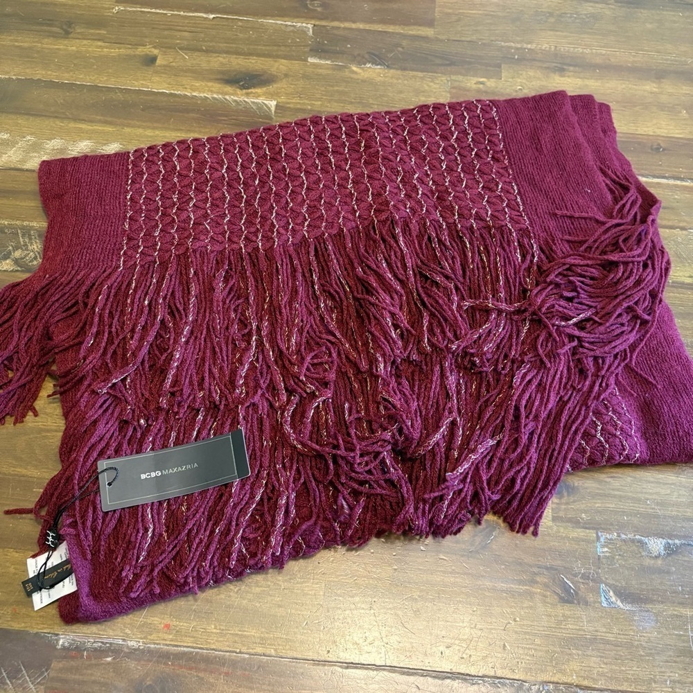 BCBGMAXAZRIA Large Blanket Scarf Wrap Burgundy Gold Fringe Wine Cozy $248
